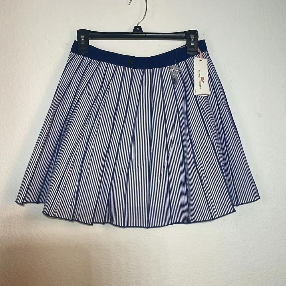 NWT Vineyard Vines Poplin Stripe Pleated A-Line Stripe Skirt Size 0 Blue White